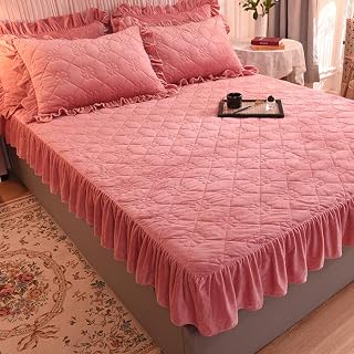Juego de 3 protectores de colchón de terciopelo de cristal acolchado grueso, funda de cama y fundas de almohada de color sólido cálido para cama de 180 x 200 cm, color rosa