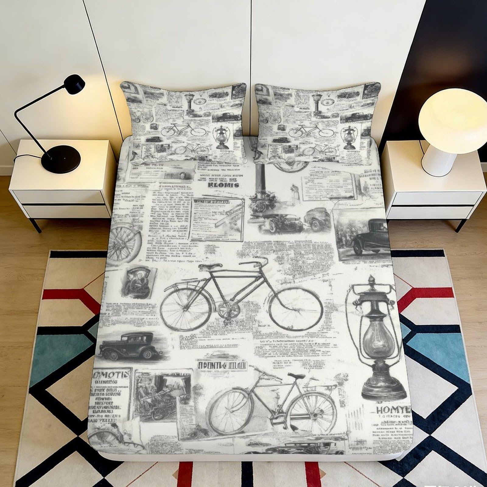 3D Printed Vintage Newspaper Fitted Sheet Microfiber Soft Retro Bicycle Bed Cover for Bedroom Dorm Easy Care 90x200x25cm