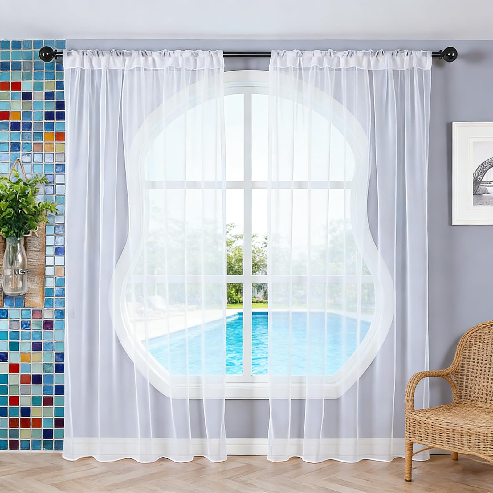 Voilage blanc oeillets 240x255 rideau léger effet lin filtrant