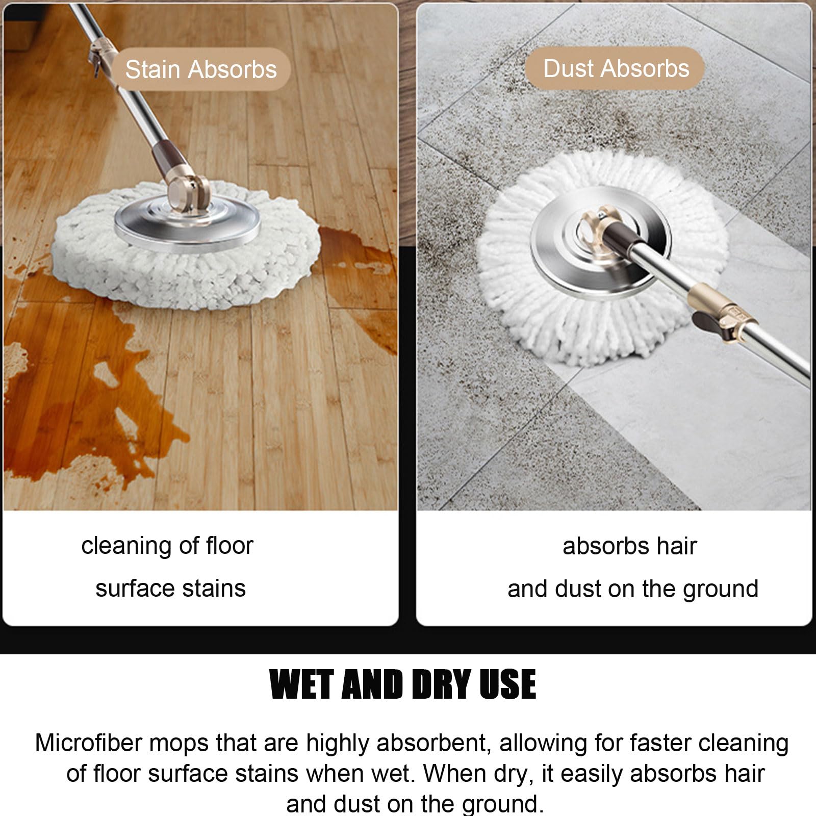 Este Conjunto de fregona y Cubo Giratorio Cuenta con un Sistema de autolimpieza y autoescurrido, un Mango Extensible de 123 cm y 4 recambios de mopas de Microfibra, Ideal para Todo Tipo de s
