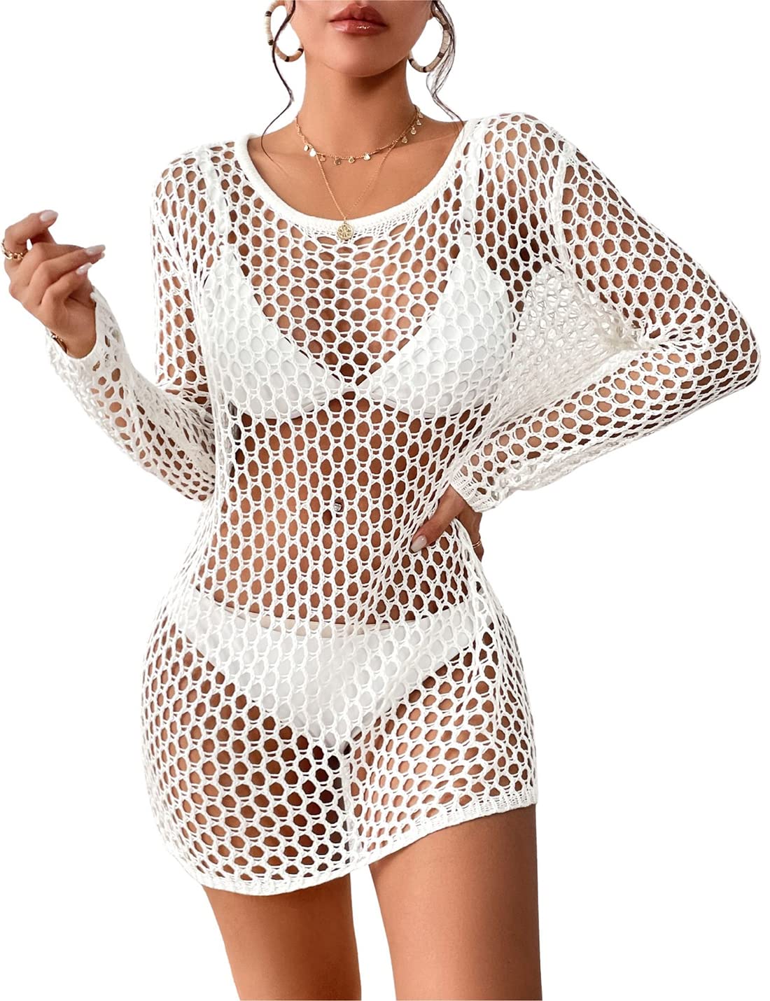 AILUNSNIKACrochet Swimsuit Cover Up Mesh Long Sleeve Bikini Cover Up Knit Beach Dress