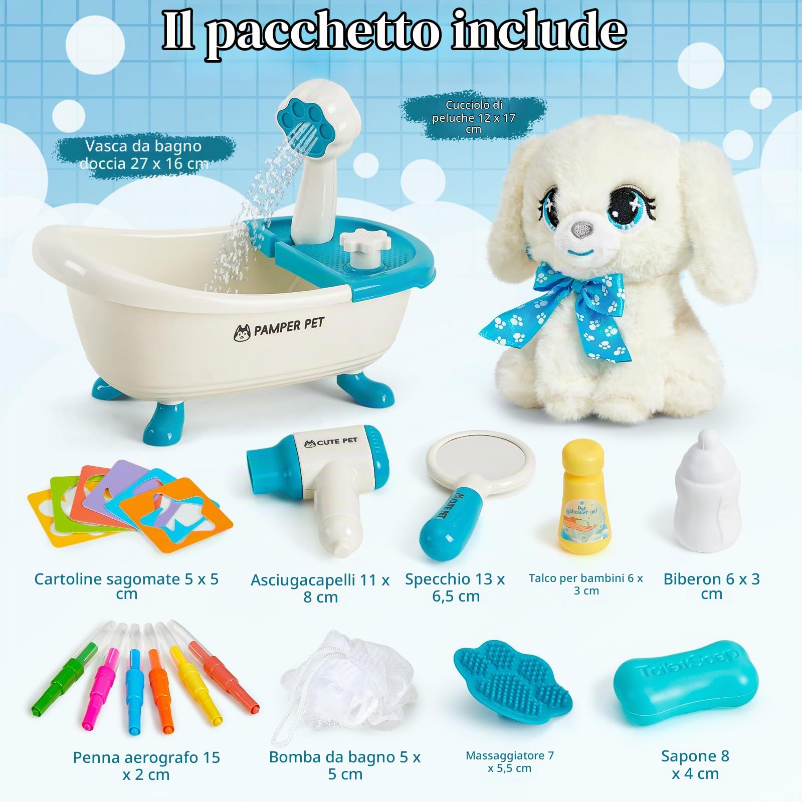 Toylink Cane Giocattolo Bambina, Peluche Cane con Vasca da Bagno a Spruzzo e Penne Lavabili, Regali Compleanno Bambina, Giocattoli Creativi per Bambini 4 5 6 7 8 Anni per Natale