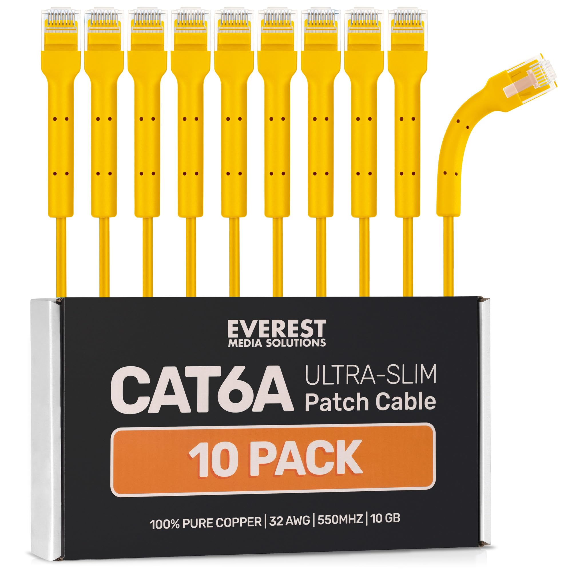 Everest - Cables de conexión Ethernet Cat6a ultra delgados de 1 pie (paquete de 10) amarillo | Flexible, delgado y flexible