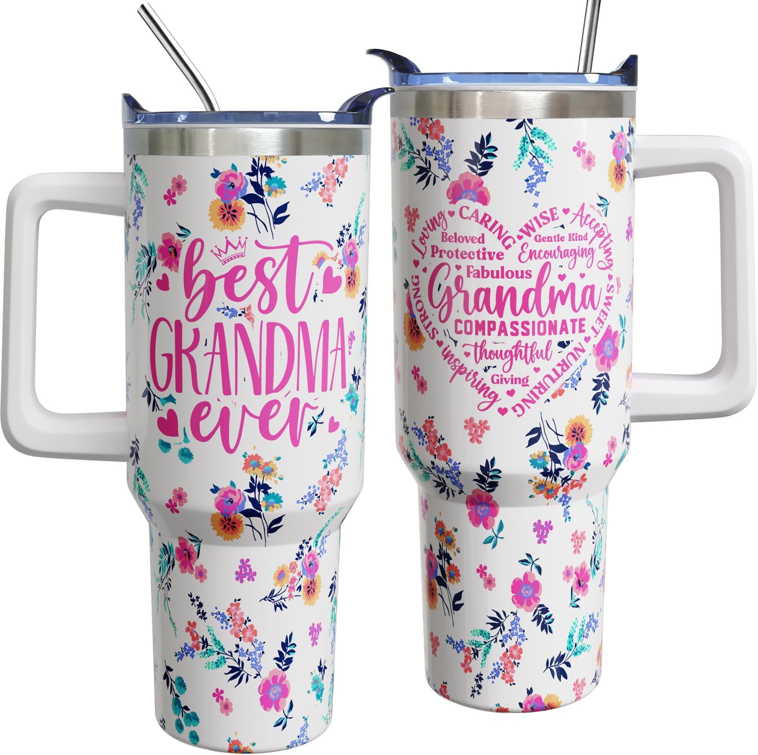 Mothers Day Birthday Practical Gifts for Grandma from Grandkids, 40 oz Best Grandma Ever Cup Tumbler with Handle Lid and Straw, Grandmother Gifts