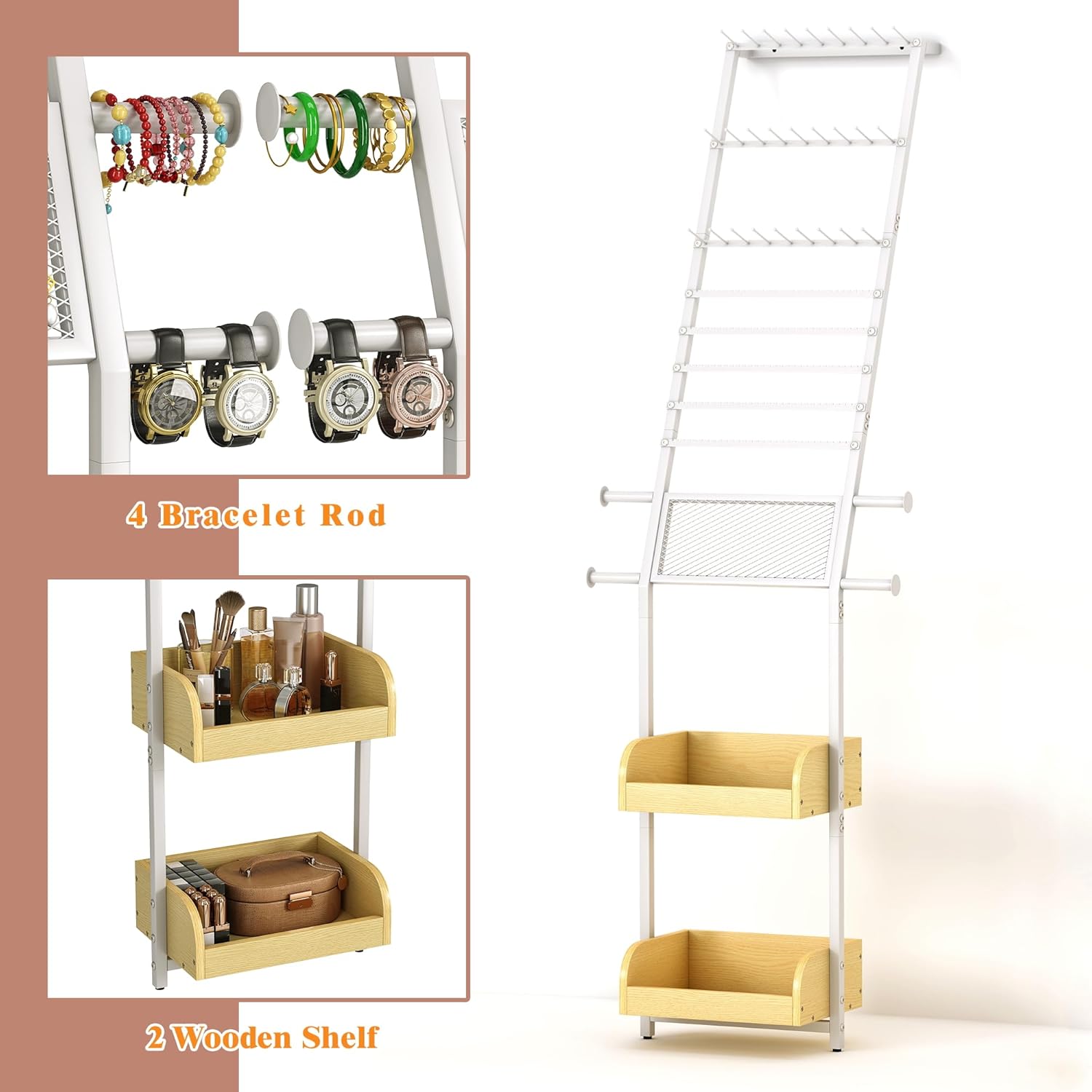 AIWFL Floor Standing Jewelry Organizer, Large Jewelry Organizer Wall with Earring Organizer Necklace Holder Bracelet Holder, Hanging Jewelry Display Stand for Earrings Rings Necklaces Bracelet Watch