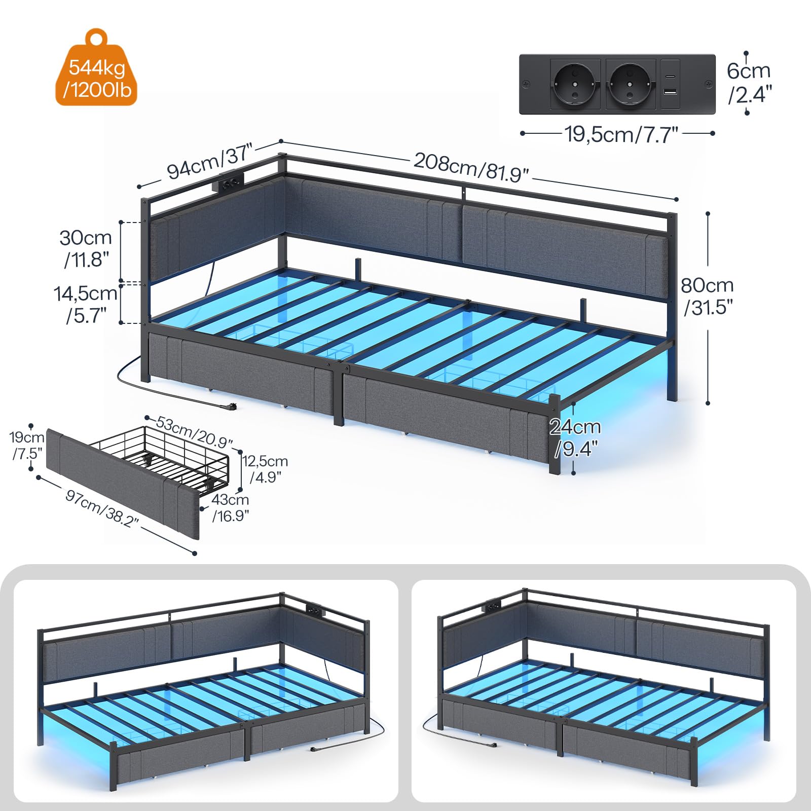HOOBRO Polsterbett Schlafsofa 90x200, Jugendbett mit LED-Beleuchtung und USB-Ladestation, Tagesbett mit 2 Schubladen und Lattenrost, Gästebett, Einzelbett, Grau und Schwarz EBG81CDBF01