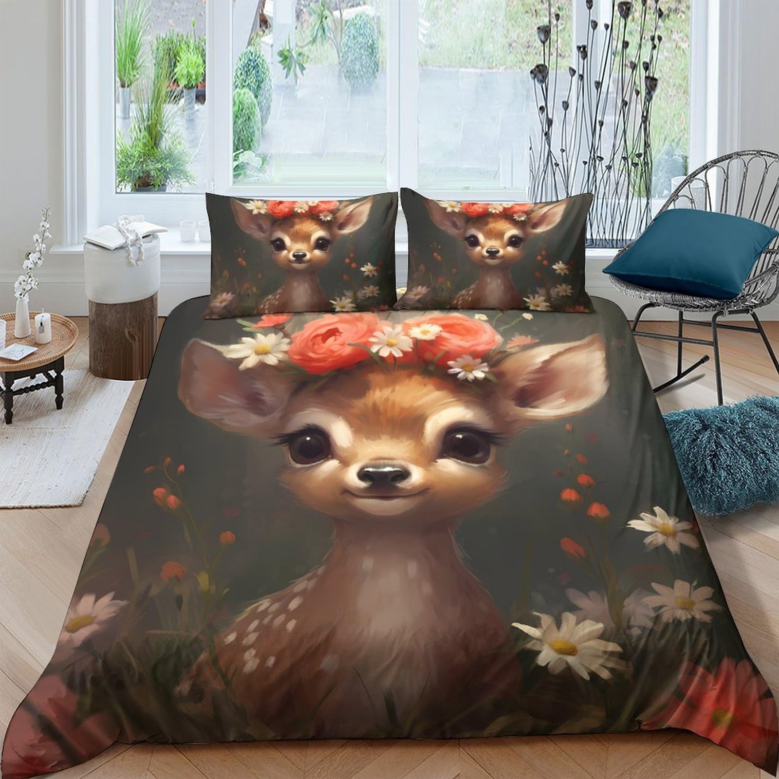 Housse de couette cerf 3D 140x200 parure de lit forêt en microfibre pour chambre single