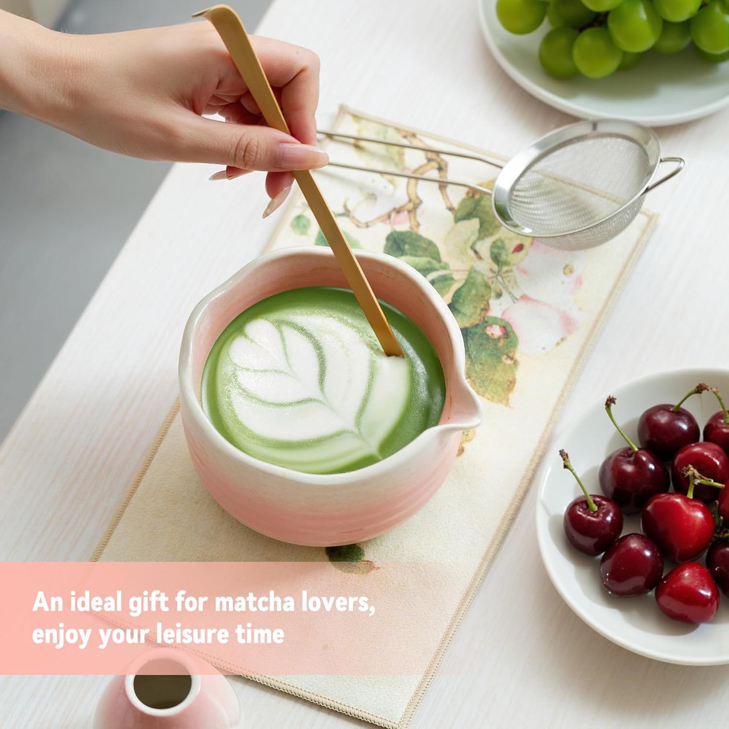 Matcha Whisk Set Ceramic Matcha Set Includes Bowl,Spout Bamboo Chasen Whisk with Ceramic Holder, Matcha Scoop and Stainless Sifter, Matcha Kit Valentine's Day Gifts for Women(7Pcs,Pink) - Image 2