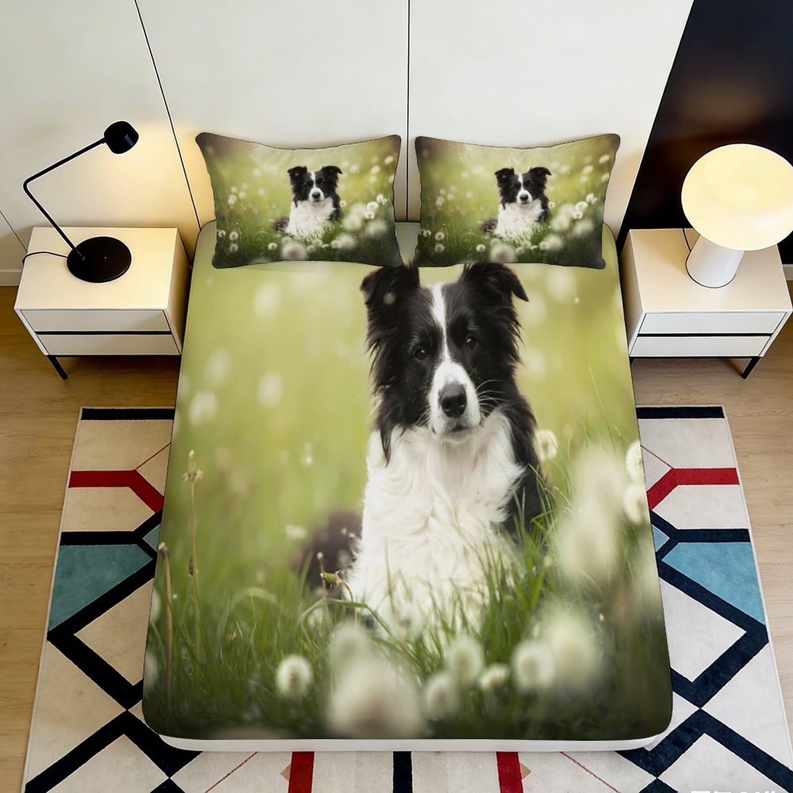 3D Printed Border Collie Fitted Sheet Microfiber Deep Pocket Bedroom Non-Slip Border Collie Mattress Fitted Cover Washable 200x200x25cm 90x200x25cm