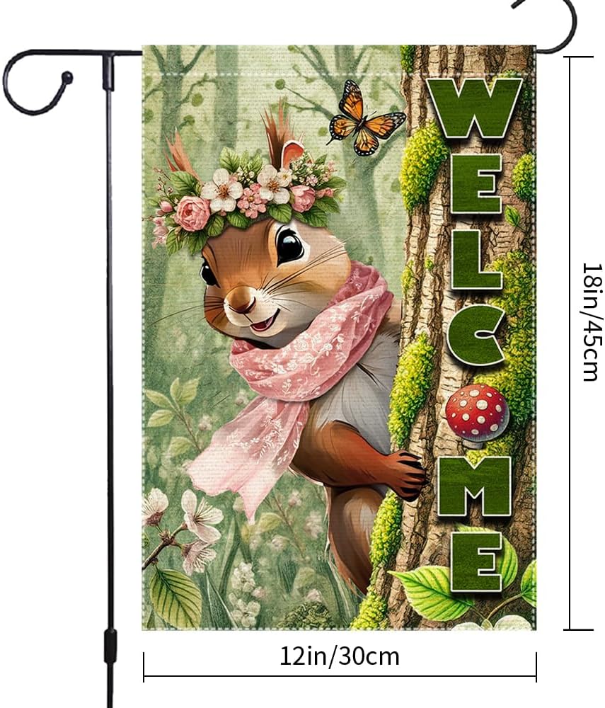 Spring Summer Garden Flag Decorations 12x18inch Burlap Double Sided Squirrel Summer Garden Flags For Outside Yard Home Outdoor Patio Lawn Decor,Welcome Garden Banner (RMQ86, 12"X18") - Image 3