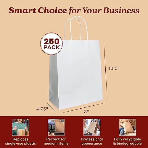 Miniatura 84 de PTP BAGS Bolsas Jr. Mart blancas de 13 x 7 x 13 pulgadas, bolsas de papel blanco con asas [paquete de 250] para regalo de papel kraft reciclable