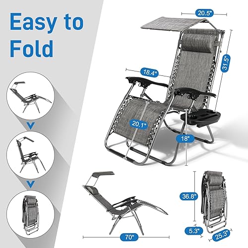 Miniatura 3 de Bonnlo - Silla de gravedad cero con toldo para patio, tumbona, ajustable, plegable, con soporte para vasos y reposacabezas para playa y jardín