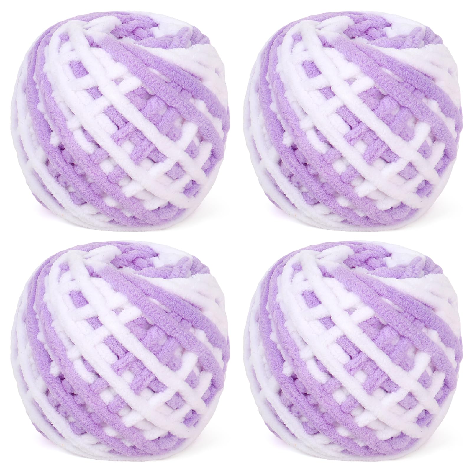 Reessy Chunky Yarn, 400g(4×100g) Chunky Wool for Knitting, Soft Fluffy Velvet Thick Yarn Set, Plush Yarns for Crochet Blankets Sweaters Shoes Hats Scarves and Amigurumi(White Purple)