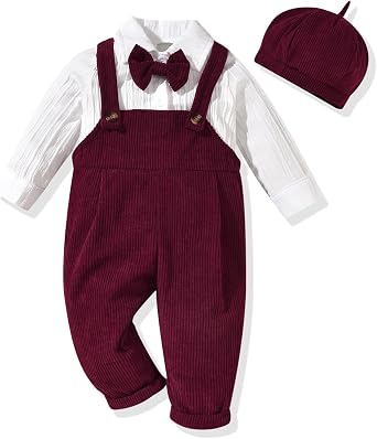 Unutiylo Newborn Baby Boy Outfit Set Long Sleeve Romper 3Pcs Gentleman Suspender Overall Fall Winter Clothes