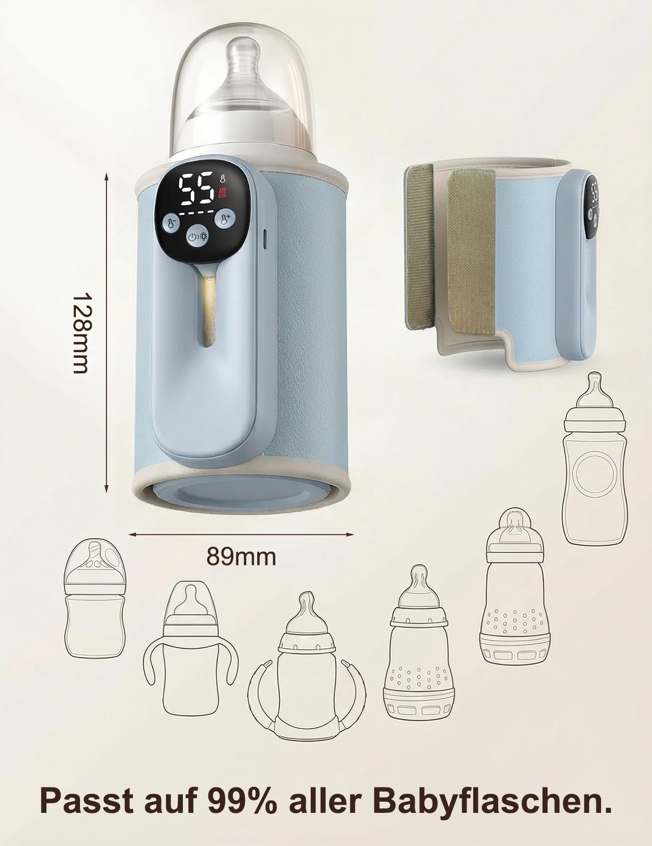 Flaschenwärmer Baby unterwegs 8000mAh Akku, 6 Temperaturen (Lazur) | Tragbarer Flaschenwärmer mit LED-Display, Nachtlicht & USB-C Schnellladung – für unterwegs & Nachtfütterung