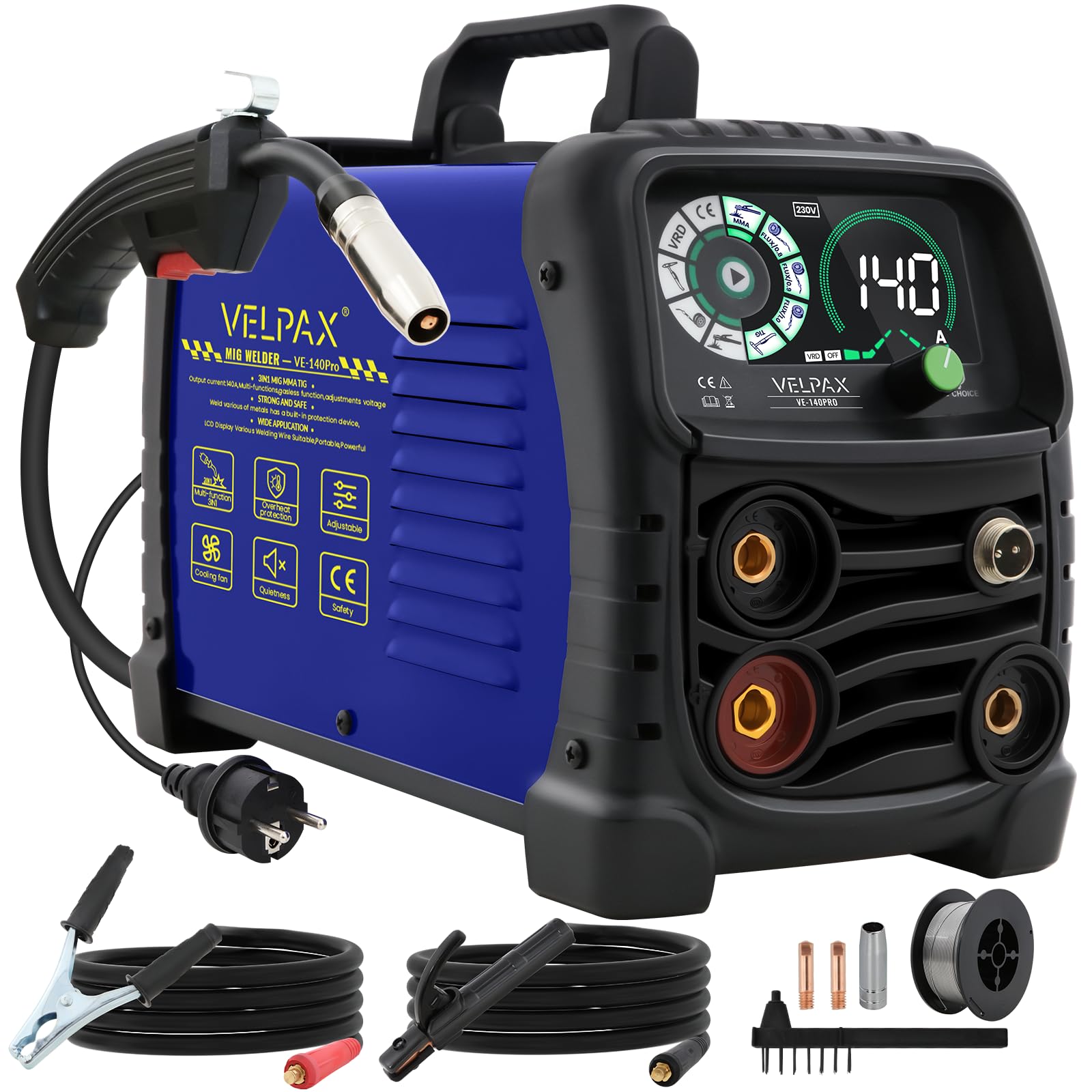 140A 230V MIG Welder Gasless, 3 in 1 Welding Machine Flux Core Welder, Portable Welder with IGBT Inverter, Smart Digital LED Dispaly and Welding Rods Flux Wires
