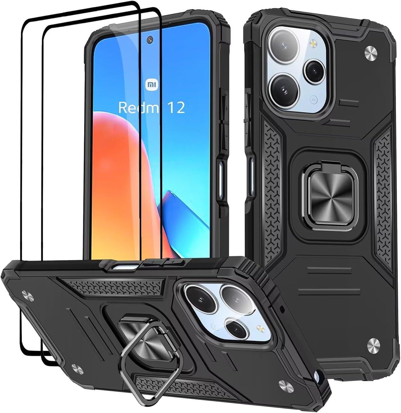 Case for Xiaomi Redmi 12 / Redmi 12 5G, Tempered Glass [2 Pack] Protective Silicone TPU Shockproof Tough Armor Hard Cover - Black