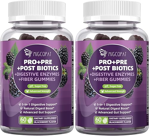 Gomitas de probióticos pre post, 5 en 1 probióticos prebióticos posbióticos digestivos con fibra, 120 mil millones de CFU de probióticos para la