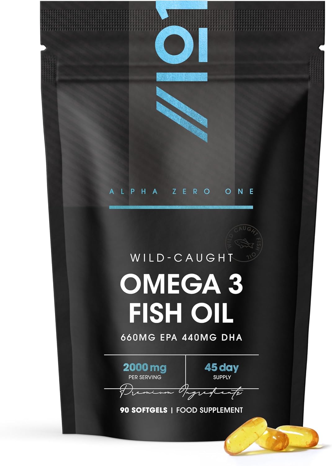 Omega 3 Wild-Caught Fish Oil 2000mg – 660mg EPA 440mg DHA – 90 Softgels – No Additives — Resealable and Recyclable Pouch by Alpha01