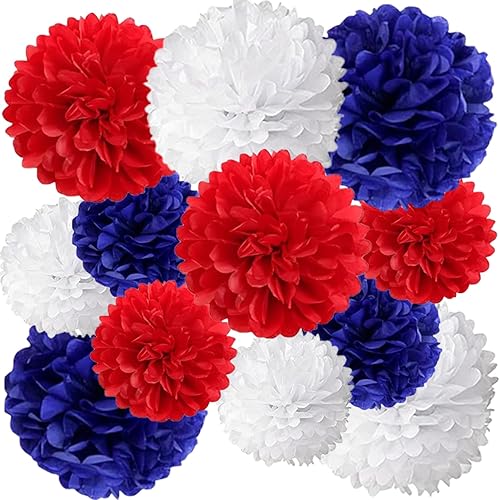 12 pompones de papel de seda para colgar, color rojo, blanco y azul, flores para decoración de fiestas en el techo