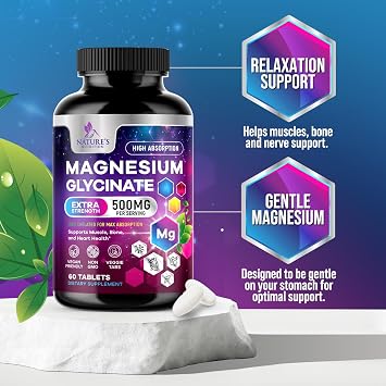 Magnesium Glycinate Supplement - 500mg Magnesium Per Serving - 100% Chelated & Purified - Supports Sleep, Heart Health, Muscle Strength - Best Absorption Magnesium, Bottled in USA - 60 Tablets