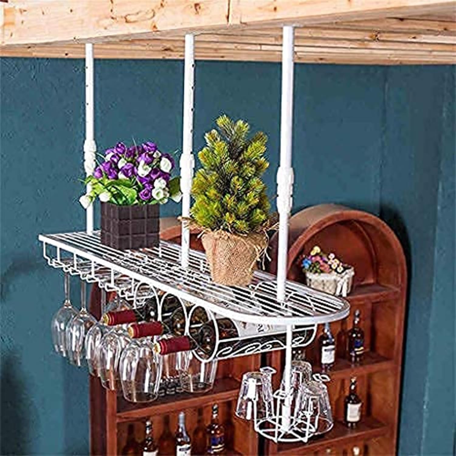Hanging Shelf - Hanging Glass Rack, Ceiling Wrought Iron Wine Rack, Ceiling Kitchen Storage Rack, Wall Mounted Wine Glass Shelf, LOFT/Bar/Restaurant Floating Shelfs