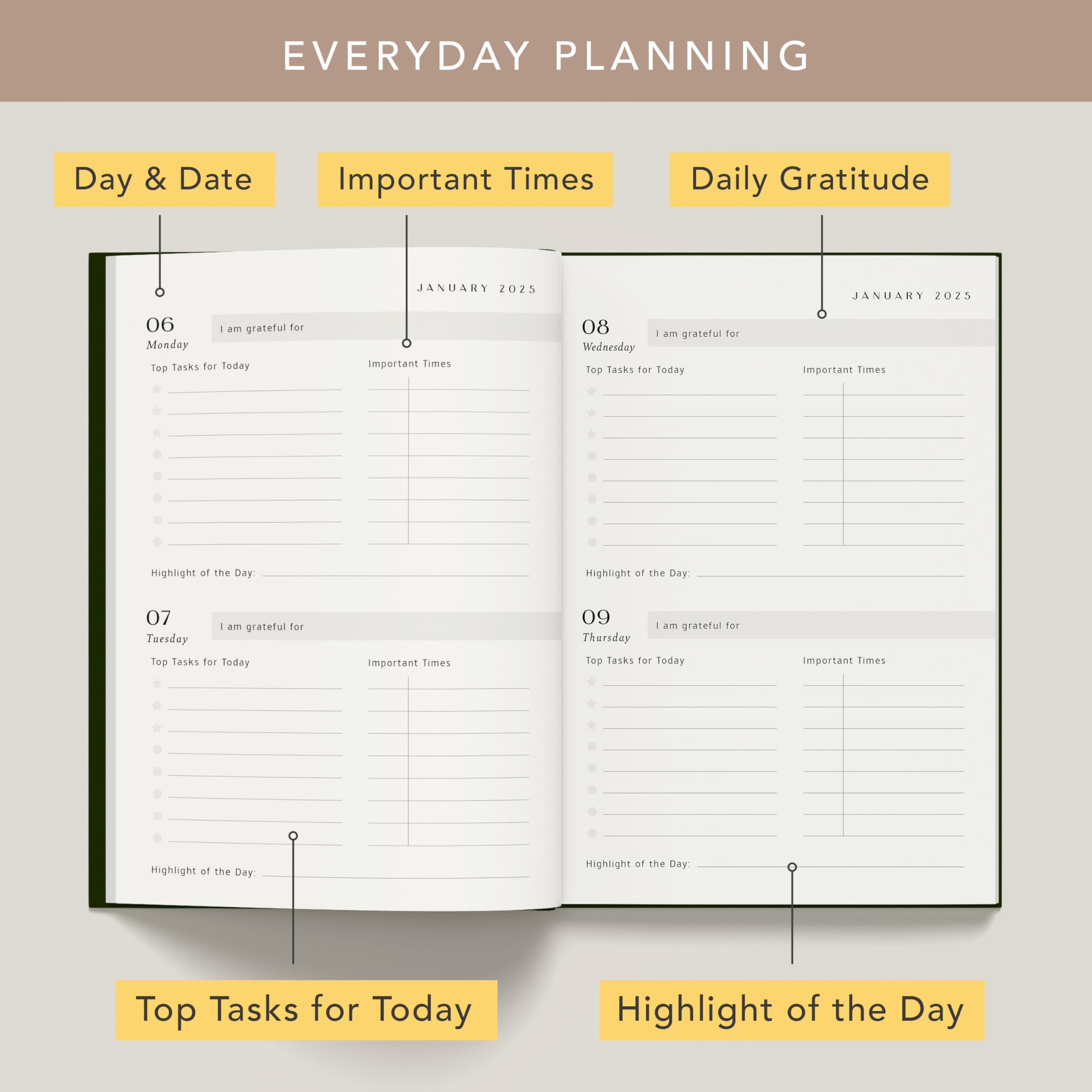 2025 Planner with 320 Pages, Faux Leather Diary with Daily, Weekly and ...