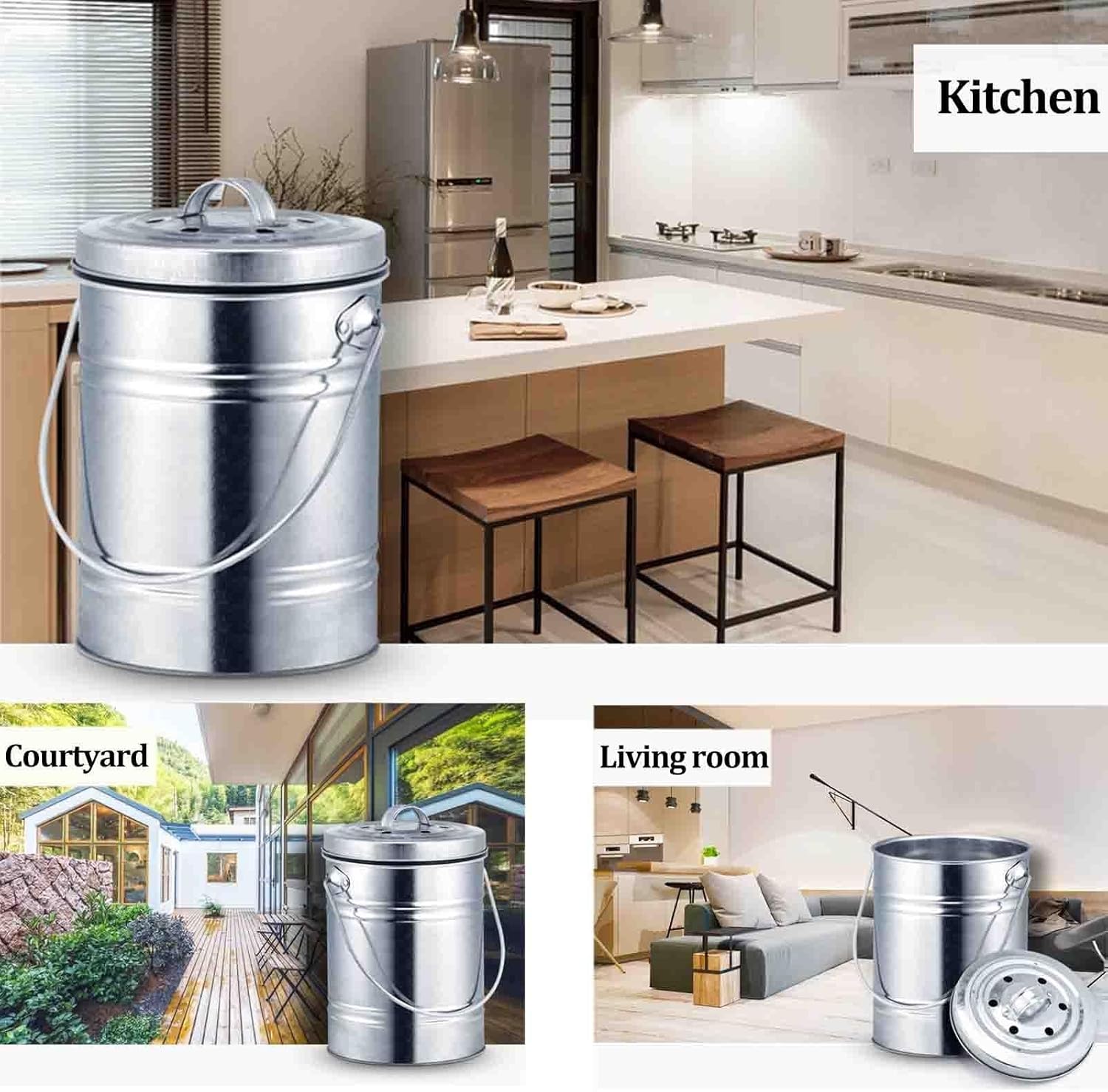 3L Kitchen Compost Bin Indoor, Countertop Food Waste Bucket, Composter Container with Lid & Removable Inner Tub for Kitchen Courtyard Dining Room Garden (Sliver)