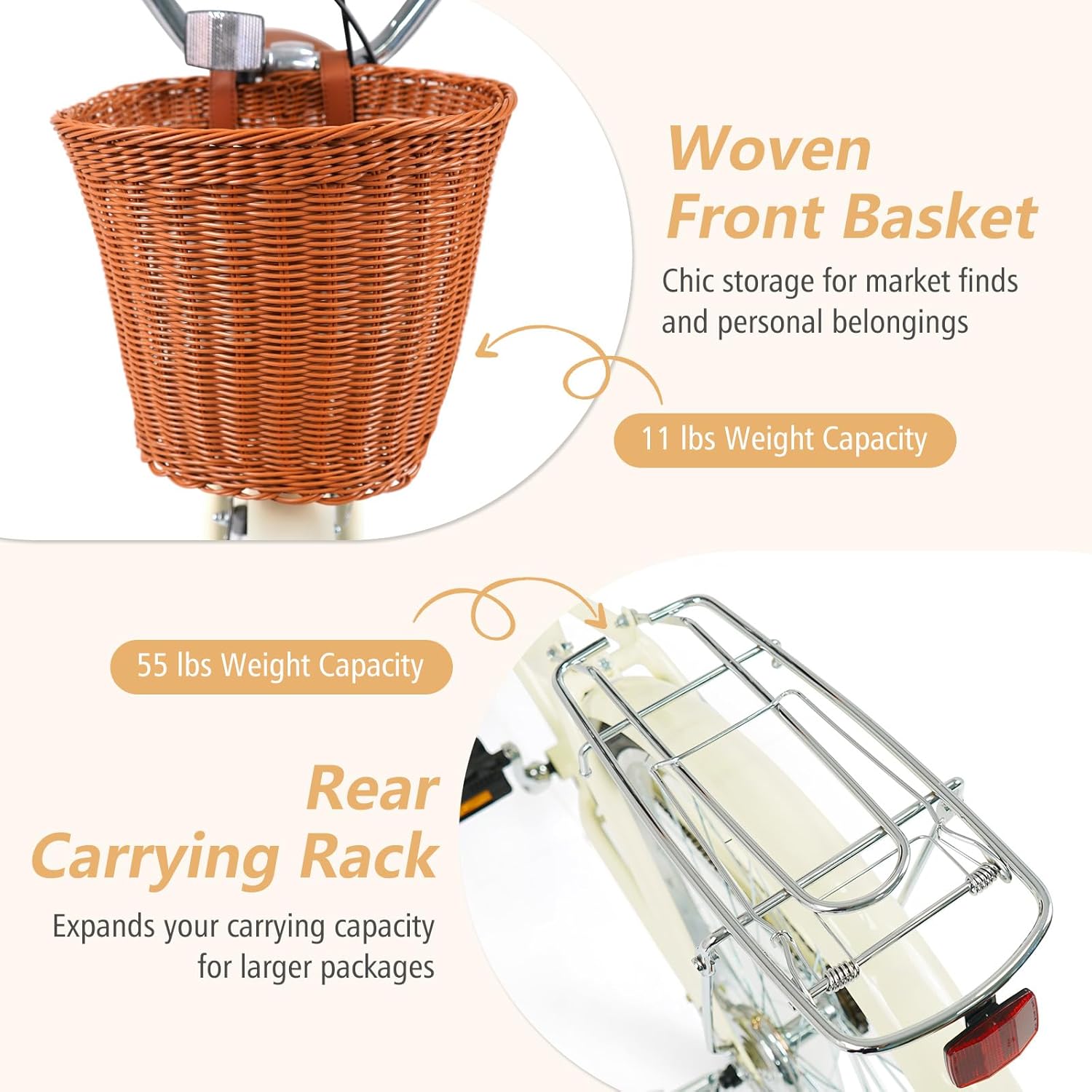 Woven front basket and rear carrying rack on the GYMAX Beach Cruiser Bike.