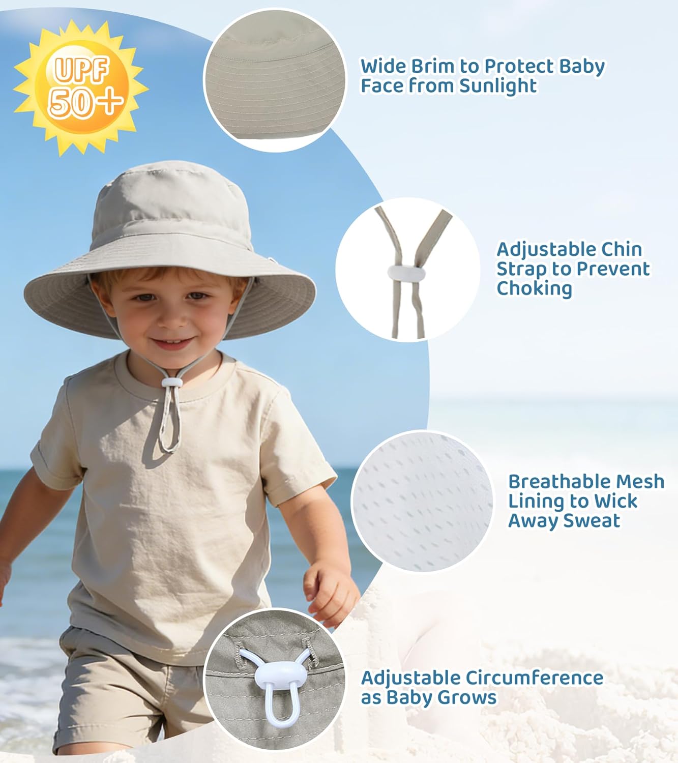 American Trends Baby Sun Hats for Boys Girls UPF 50+ Sun Protection Wide Brim Adjustable Summer Beach Bucket Hat - Image 2