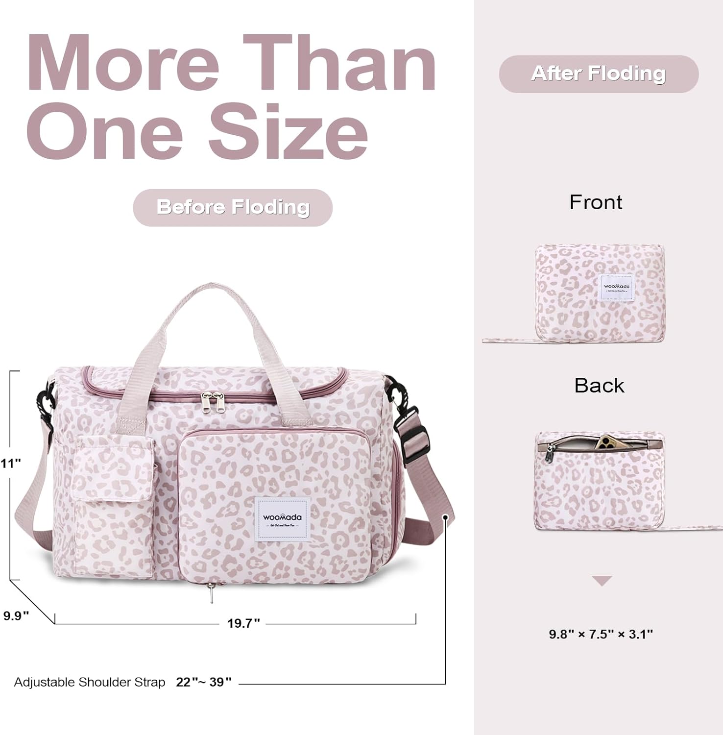 WOOMADA Foldable Travel Duffel Bag with Shoes Compartment, Overnight Bag with Wet Pocket & Trolley Sleeve, Weekender Bags for Women(A-pink leopard)