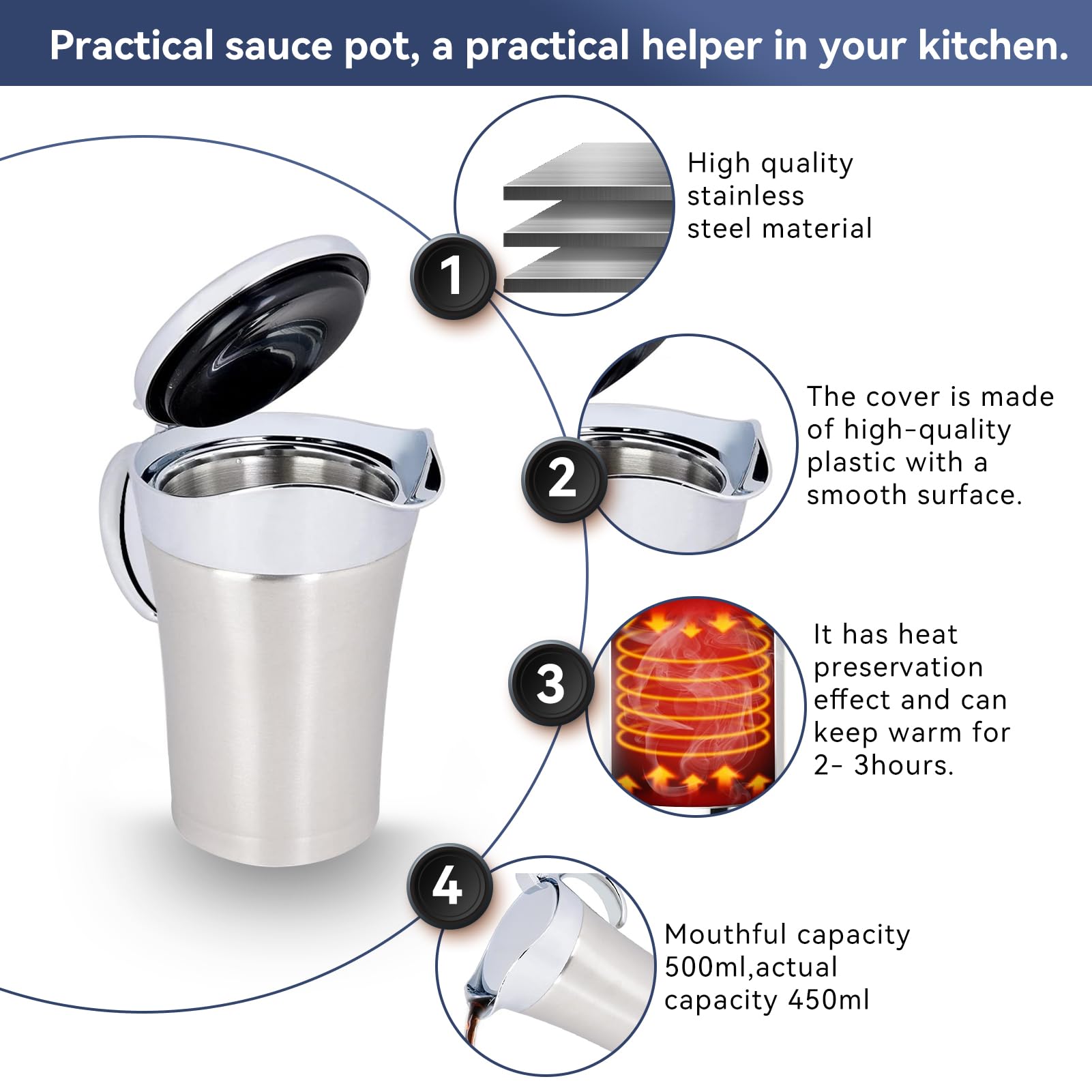 Gravy Boat with Lid,750ML/26.3 OZ Insulated Gravy Jug with Lid Double Wall Insulated,Stainless Steel Boat Sauce Pot Serving Jug for Custard Cream - Image 2