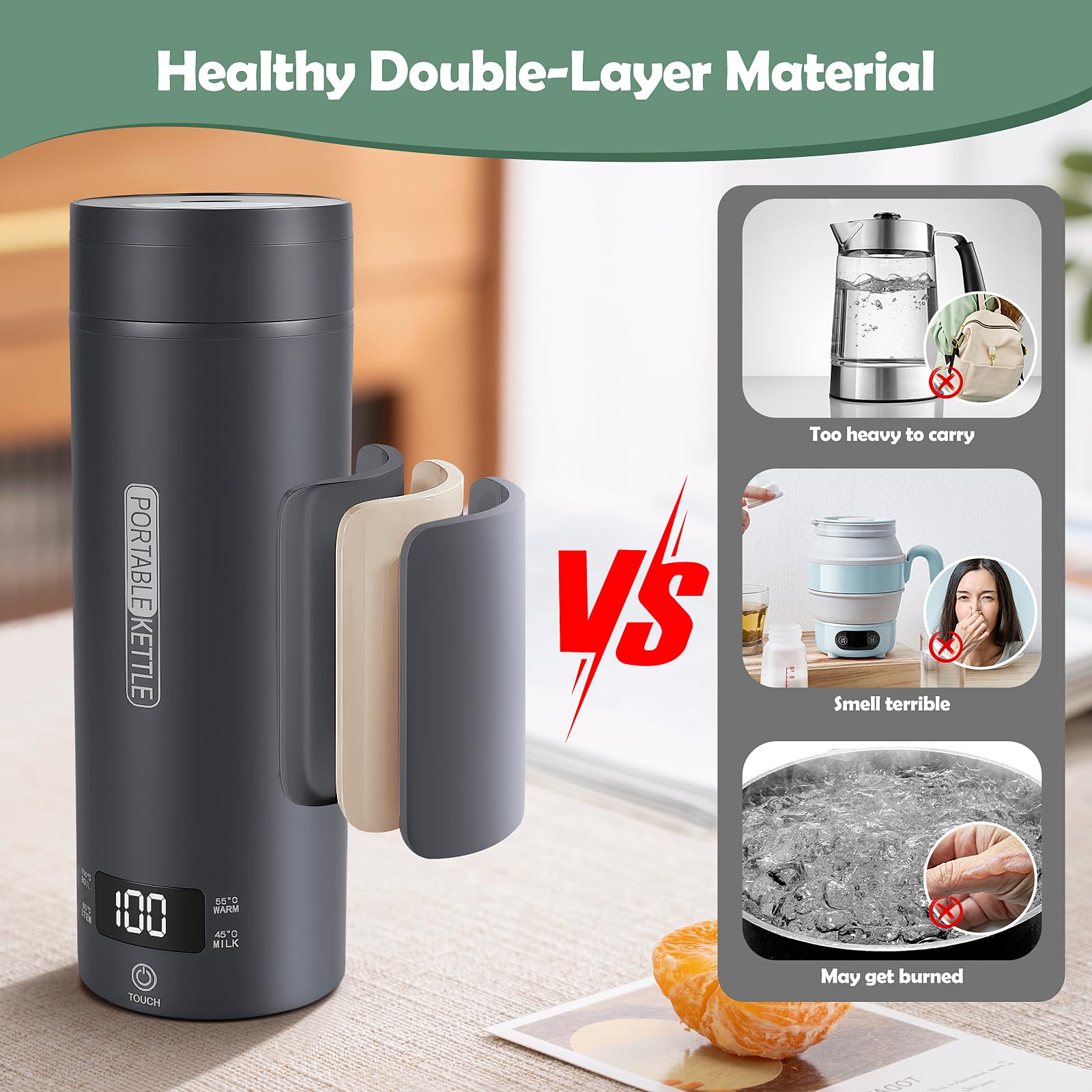 Bouilloire électrique portable de voyage, 450 ml, avec 4 régulateurs de température, arrêt automatique et protection à sec, en acier inoxydable 316, 4 régulateurs de température (Gris)