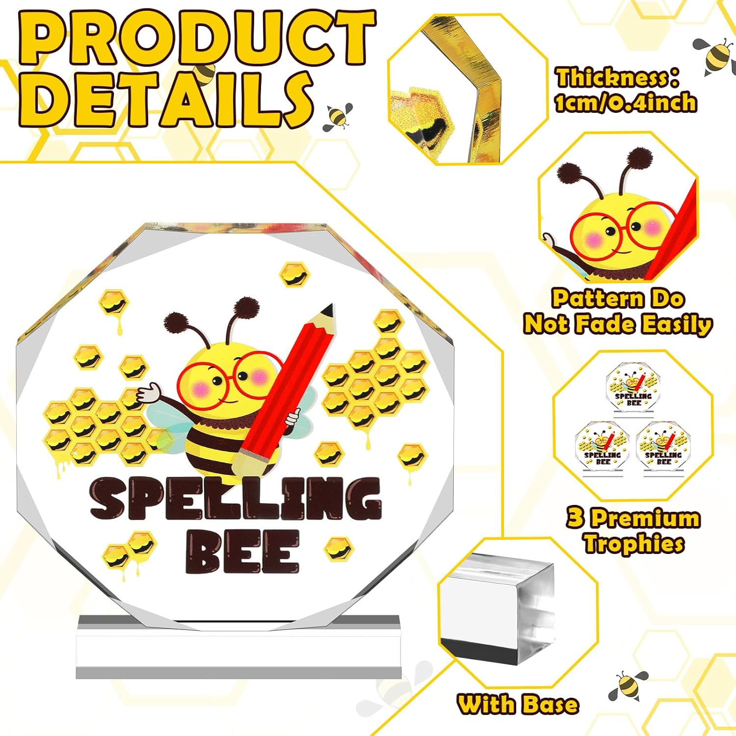 DoubleFill Acrylic Spelling Bee Trophy 4.72 x 4.72 Inch Spelling Bee Champion Awards Gift Prizes Funny Bee Contest Trophy Plaques for Decorations Party Events Supplies