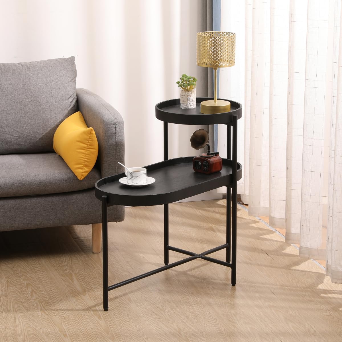 Modern 2 Tier End Table,Round and Oval Side Tables for Living Room Small Spaces,Metal Frame,Wood Tray,Rustic Snack Accent Table,Black