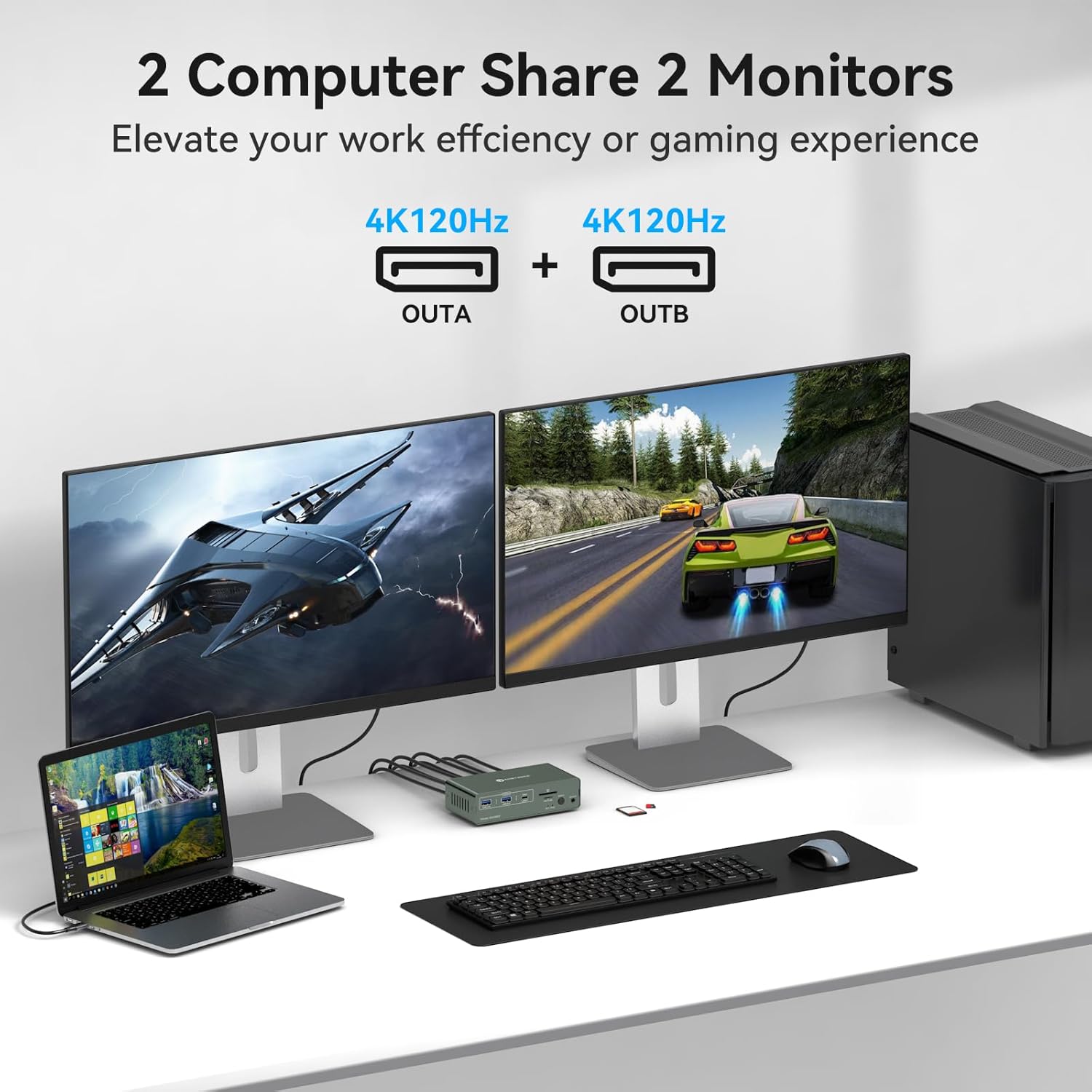 Setup diagram showing a laptop and a desktop computer connected to the KVM switch, sharing two monitors, a keyboard, and a mouse.