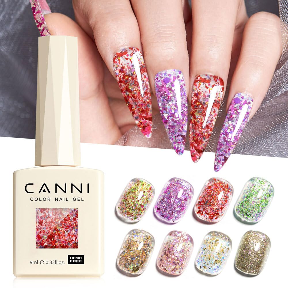 CANNI 8 Pcs 9 ML Glitter Gel Nail Polish Set, Shimmer Sparkly Red Shiny Pink Yellow Purple Blue Colors Gel Polish Kit Soak Off Led Nail Art Manicure