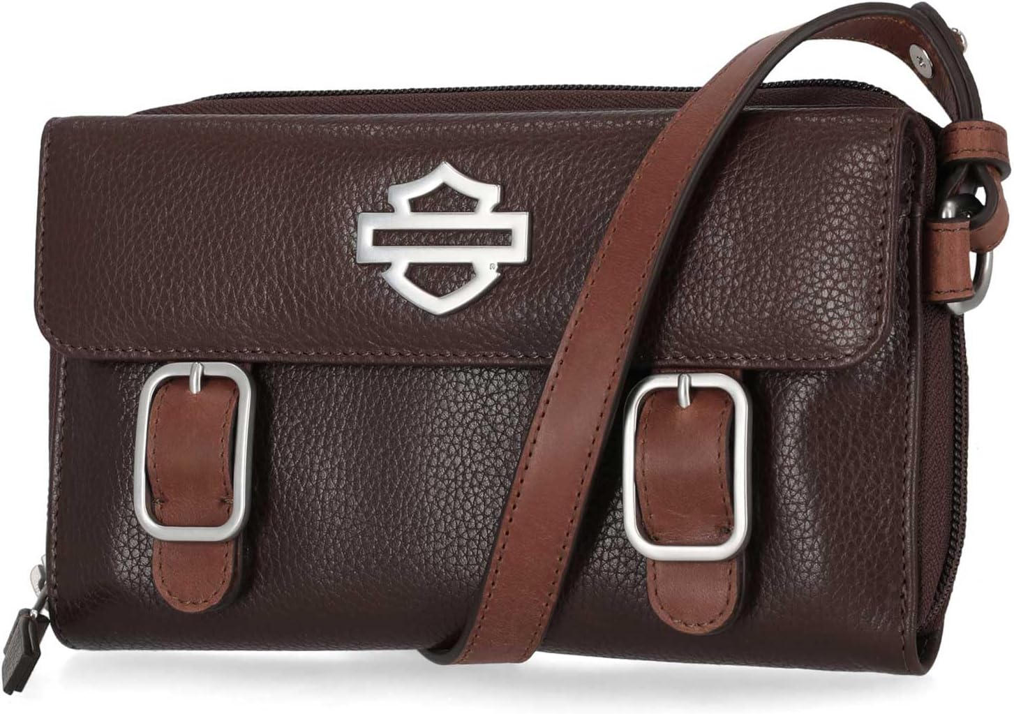 Harley-Davidson Women's Buckle Zip Around Leather Wallet Crossbody, Brown