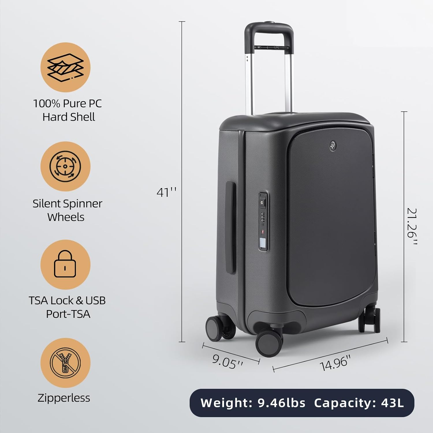 Hang Safe Carry On Luggage,22x14x9 Airline Approved Rolling Suitcase with Spinner Wheels,Bussiness Hard Shell Luggage with TSA Lock&USB Port for Travel,Zipperless,Lightweight,Grey - Image 4