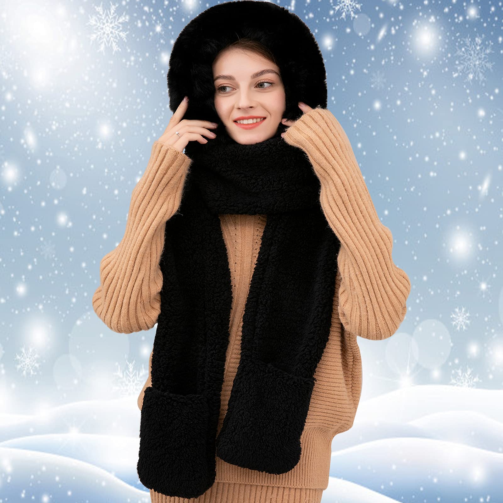 keyaway Invernali Sciarpe Cappello Guanti Donna, 3 In 1 Caldo Sciarpa con Cappuccio Tasche Earflap,Guanti caldi del cappello per donne (nero)…