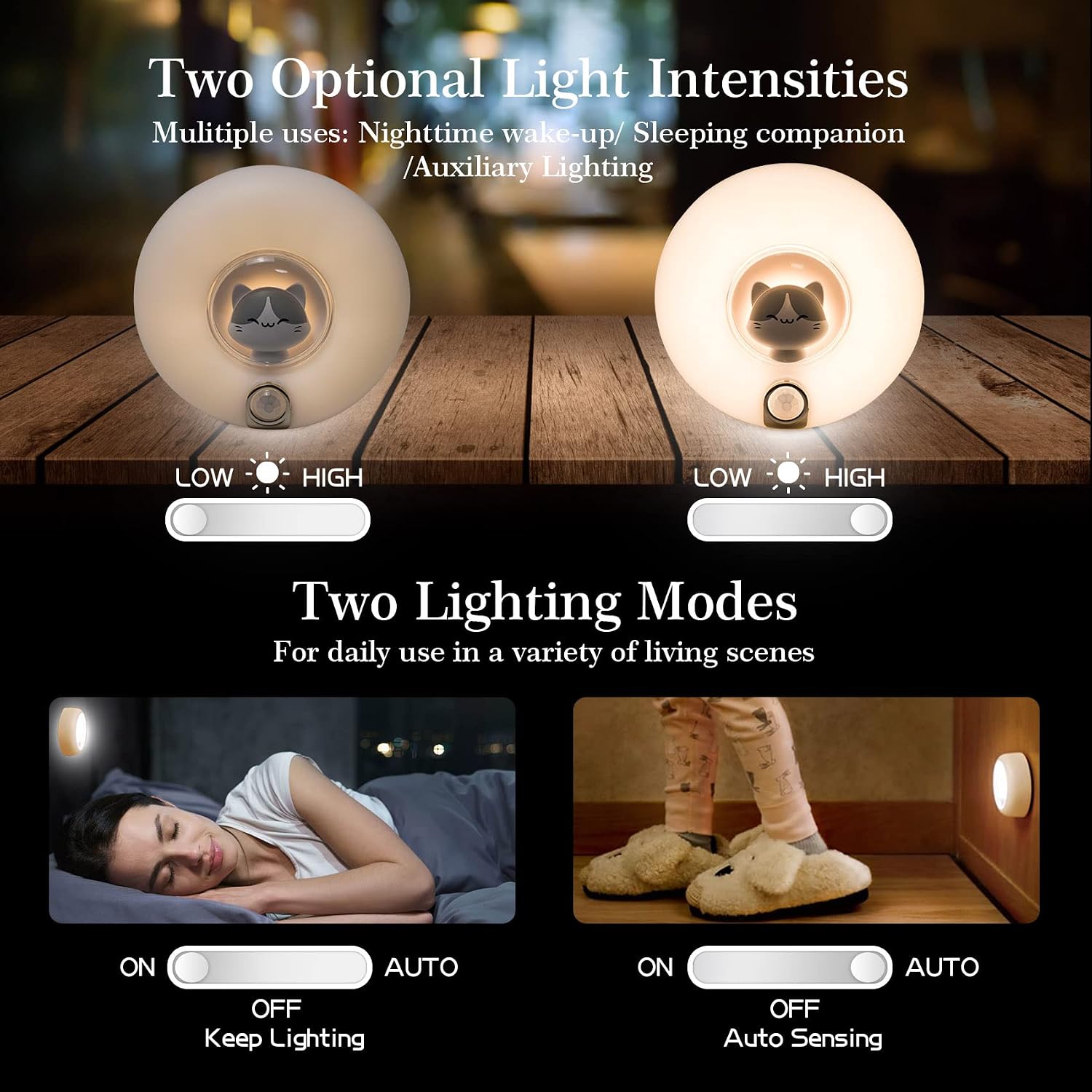Rechargeable Motion Sensor Night Light - Auto On/Off LED Nightlight with Adjustable Brightness & Magnetic Base, Cute Cat Wall Lights for Kids Adults Bedroom Bathroom Hallway Closet Stairs