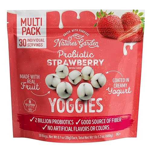 Nature's Garden Probiotic Yoggie Bites Strawberry, 21oz (30 x 0.7oz), Strawberry Yogurt Covered Snack Pack, High Fiber, Delicious Real Fruit Pieces, No Artificial Flavors or Colors, Better-For-You Snack for Adults - Strawberry
