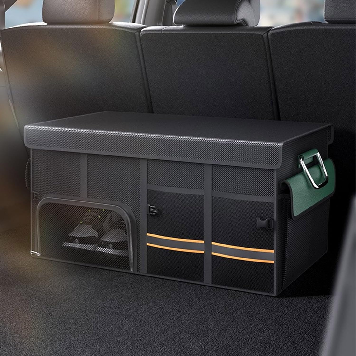 Car Trunk Foldable Waterproof Storage Multi Compartments with Lid Reflective Belt Slip Bottom