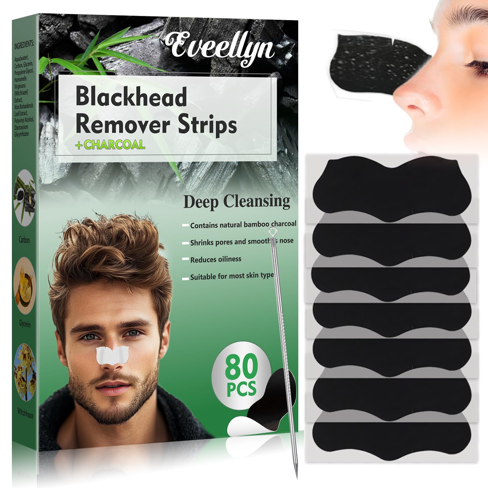 Nose Strips, Charcoal Blackhead Remover Strips 80pcs,For Women and Men White Regular Style, 80 g (Pack of 1)