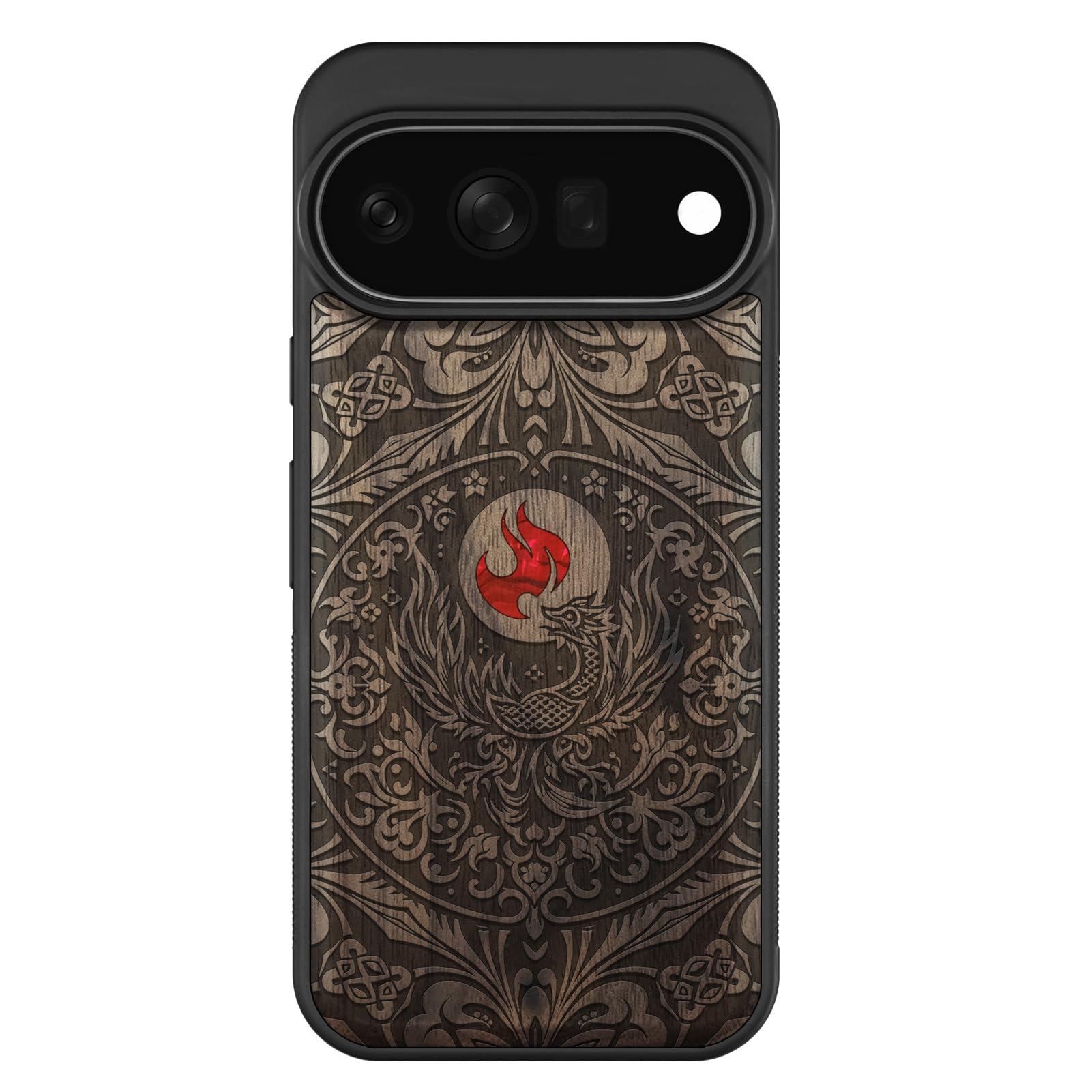 Carveit Madera Funda para Google Pixel 11 Pro (Nogal-Phoenix en simetría) | Compatible con MagSafe [Grabado en madera e incrustación de mejillones] Magnética Cover para Pixel 11 Pro Carcasa