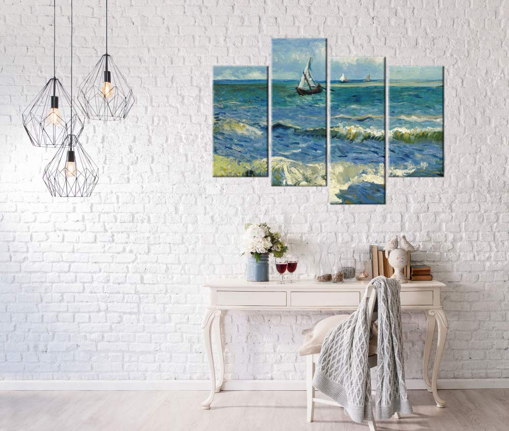 1art1 Vincent Van Gogh - Morze w Saintes- Maries-de-la-Mer, 1888, 4-częściowy obraz na płótnie na blejtramie | XXL obraz ścienny plakat druk artystyczny jako obraz na płótnie 120 x 80 cm