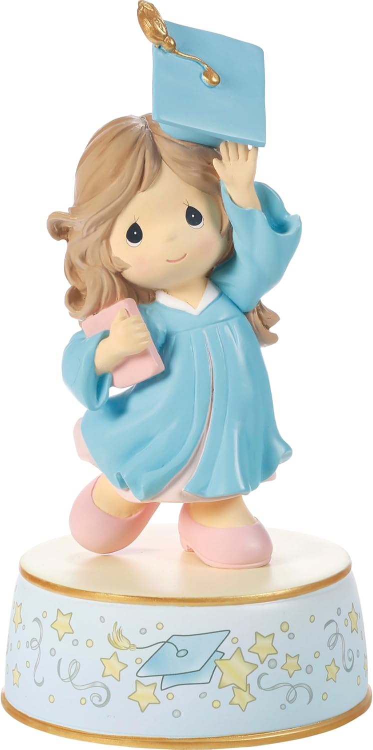 Precious Moments Graduation Musical for Girls | from Cap and Gown to New Horizons Brunette Girl in Blue Gown Resin Musical | Graduation Gift | Kindergarten Graduation