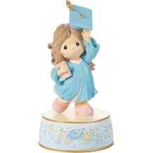 Precious Moments Graduation Musical for Girls | from Cap and Gown to New Horizons Brunette Girl in Blue Gown Resin Musical | Graduation Gift | Kindergarten Graduation