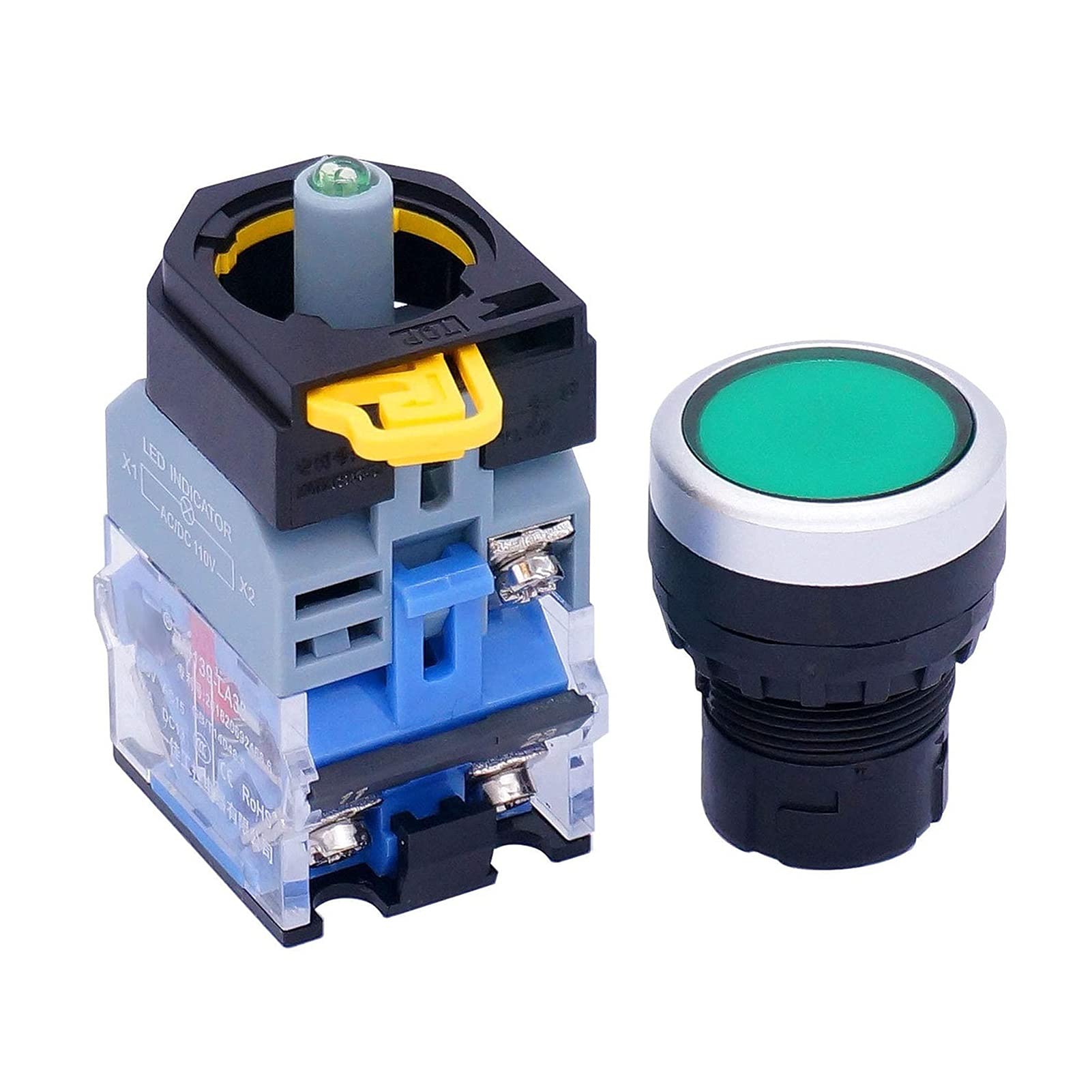 22mm 10A 440V 1NO 1NC DPST Interruptor de botón pulsador LED Verde Interruptores pulsadores con Voltaje de luz LED 110V