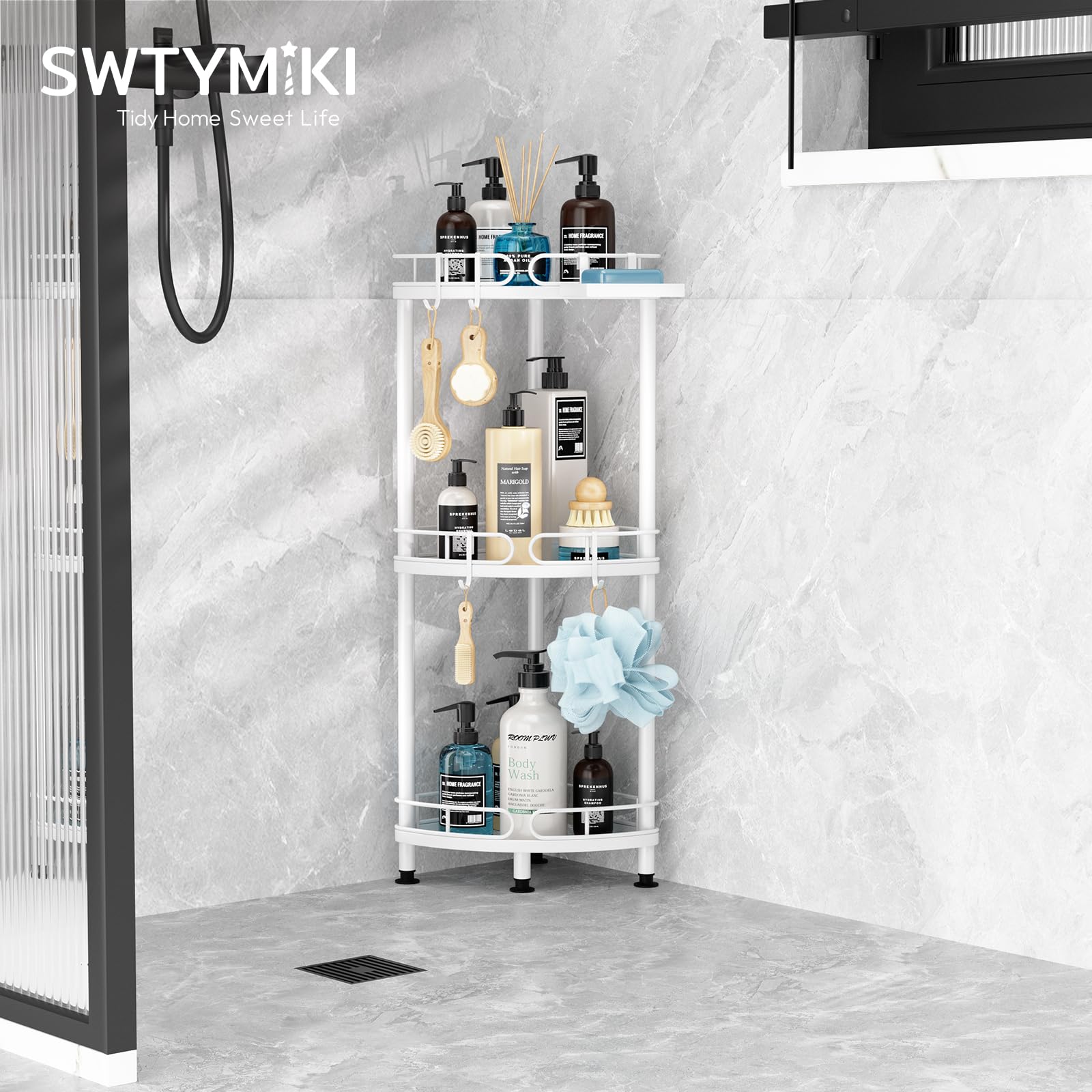 SWTYMIKI Corner Shower Caddy Standing, 3 Tier Stainless Steel Shower Organizer Stand with 4 Hooks & Soap Holder - Image 3